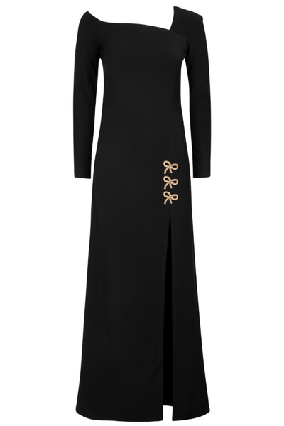 Beau Asymmetric Crepe Maxi Dress with Bows - Black