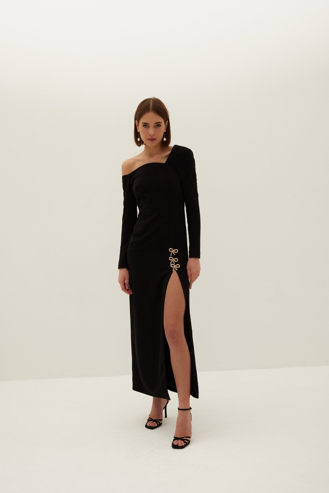 Beau Asymmetric Crepe Maxi Dress with Bows - Black - HERVANR Official