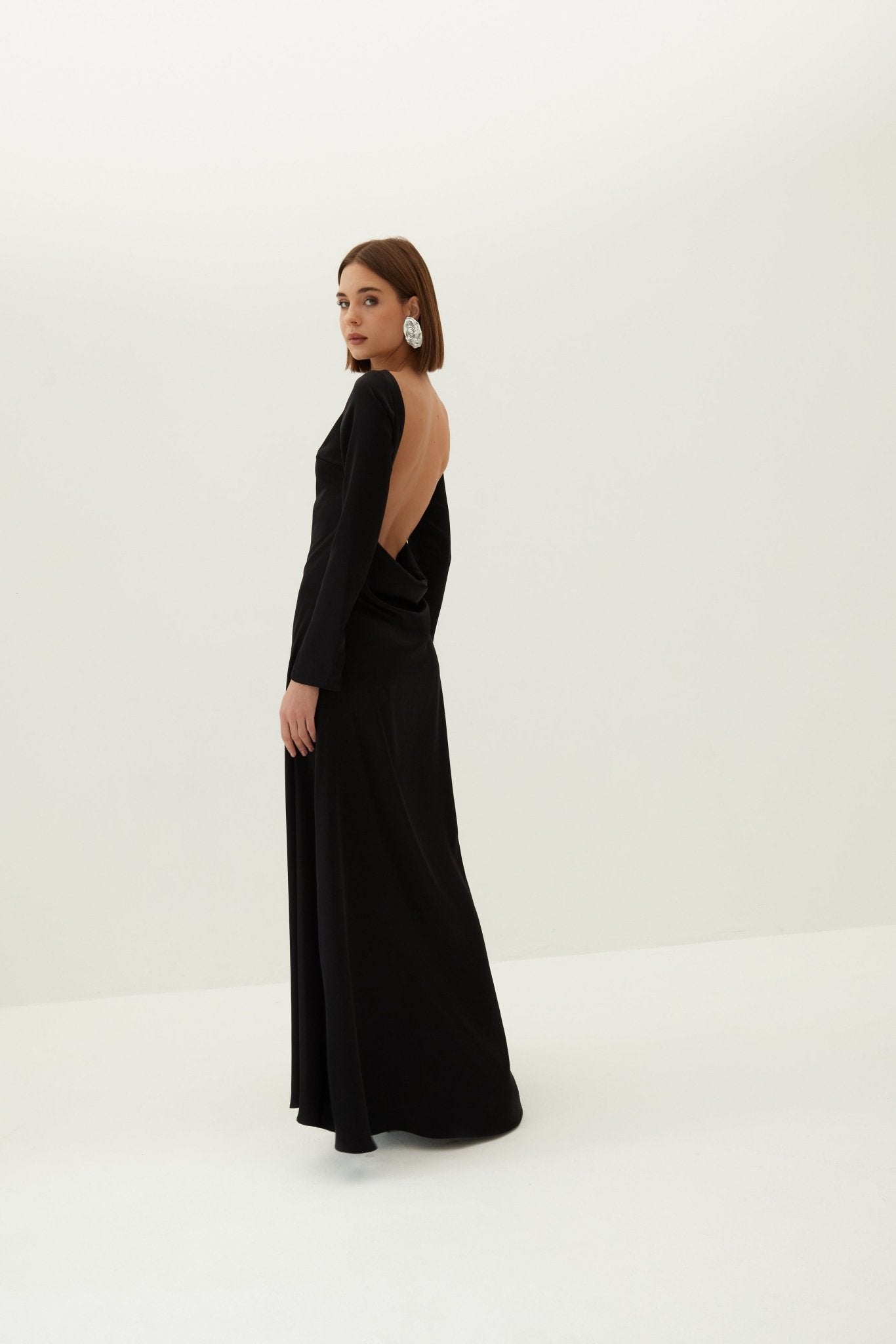 Dahlia Backless Bridal Satin Maxi Dress - Black - HERVANR Official