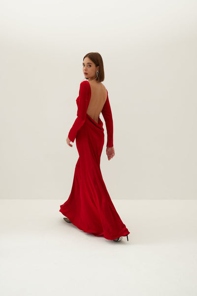 Dahlia Backless Bridal Satin Maxi Dress - Red - HERVANR Official