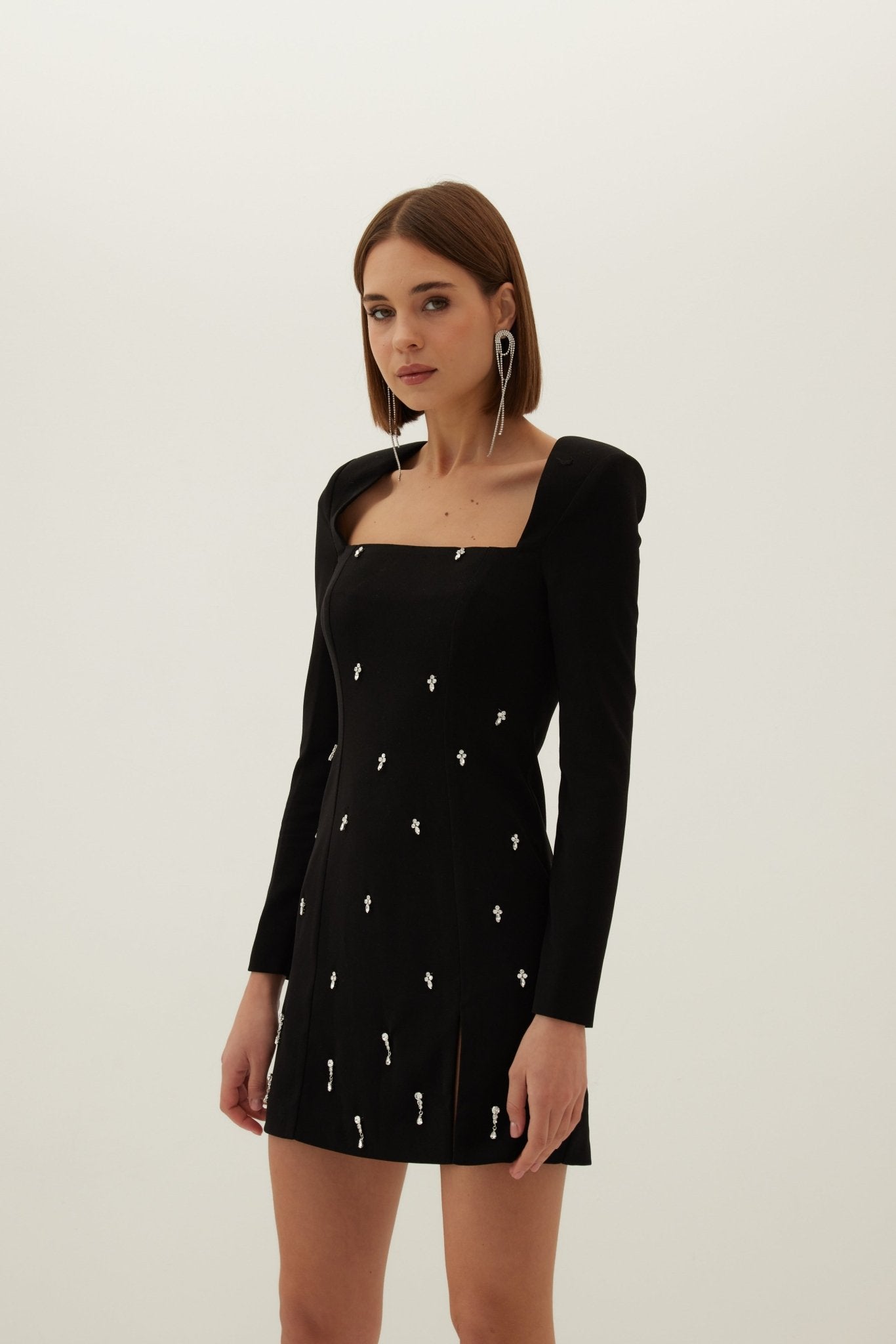 Esma Crepe Crystal Embellished Mini Dress - Black - HERVANR Official